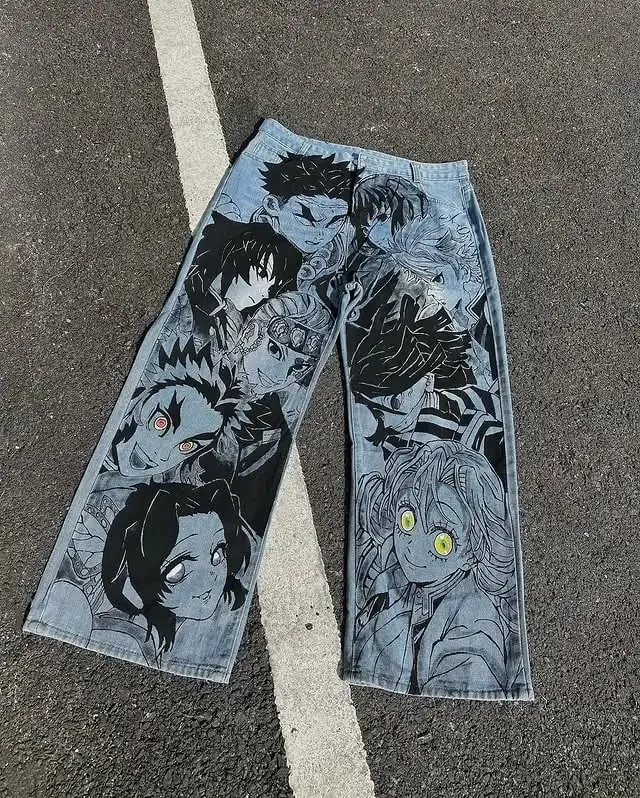 Gotické japonské retro seprané anime džíny Y2K oblečení Pánské anime vzor kreslených postaviček pytlovité džíny se širokými nohavicemi se středním vzrůstem