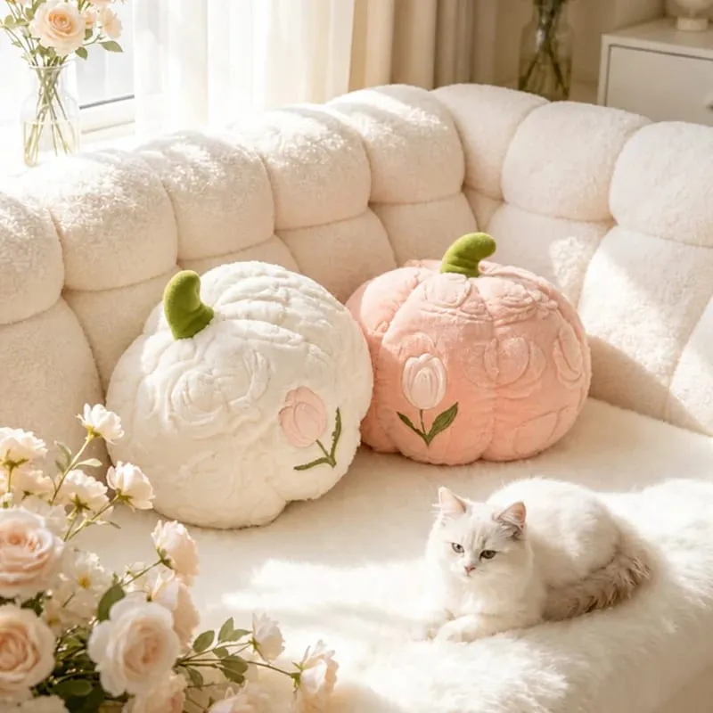 Cute Pumpkin Throw Pillow With Tulip Embroidery Soft Plush Pumpkin Shaped Cushion Pillow For Sofa Living Room Hallowmas Gifts
