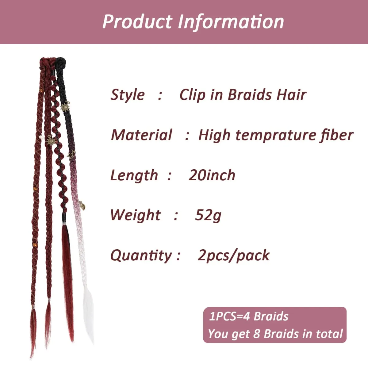Clip in braids 2PCS 20Inch Dreadlock Extensions with Beads & Chains Viking Boho Braids for Cosplay Festival Daily Styling