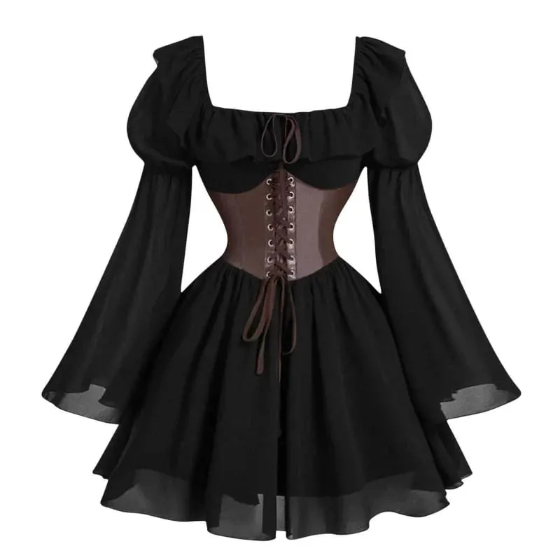 Renaissance Period Medieval New Long Sleeved Women's Bubble Sleeve Dress Halloween Fashion Retro New Party Waist Cinched Skirt