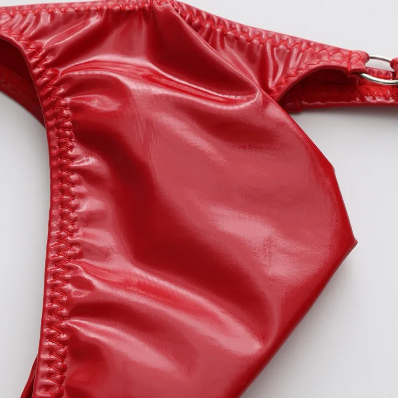 1pc Men Shiny Leather Waist With Metal Ring G-strings Thongs Gay Bulge Pouch Low Waist Stretchy Underwear Butt-Exposing Sexy