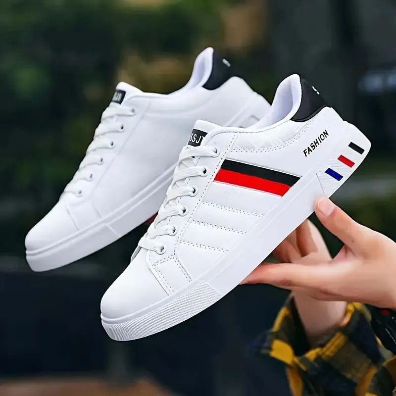 Men's Low-Top Lace-Up Sports Shoes Breathable Synthetic Material with Comfortable Fabric Lining Anti-Slip PVC Sole Striped Design Suitable for Casual and Outdoor Wear Daily Sneakers | Minimalist Style