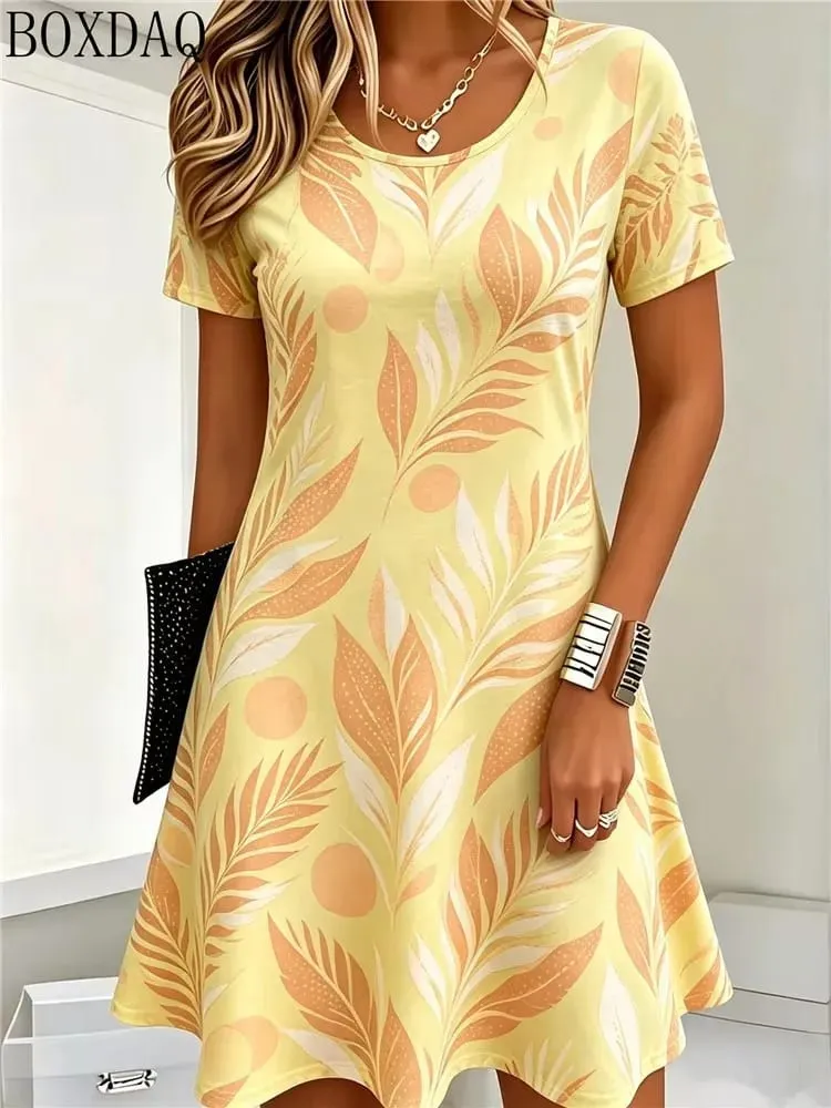 Casual Summer Women's Dresses Loose Short Sleeve Round Neck Leaf Pattern Printed Dress