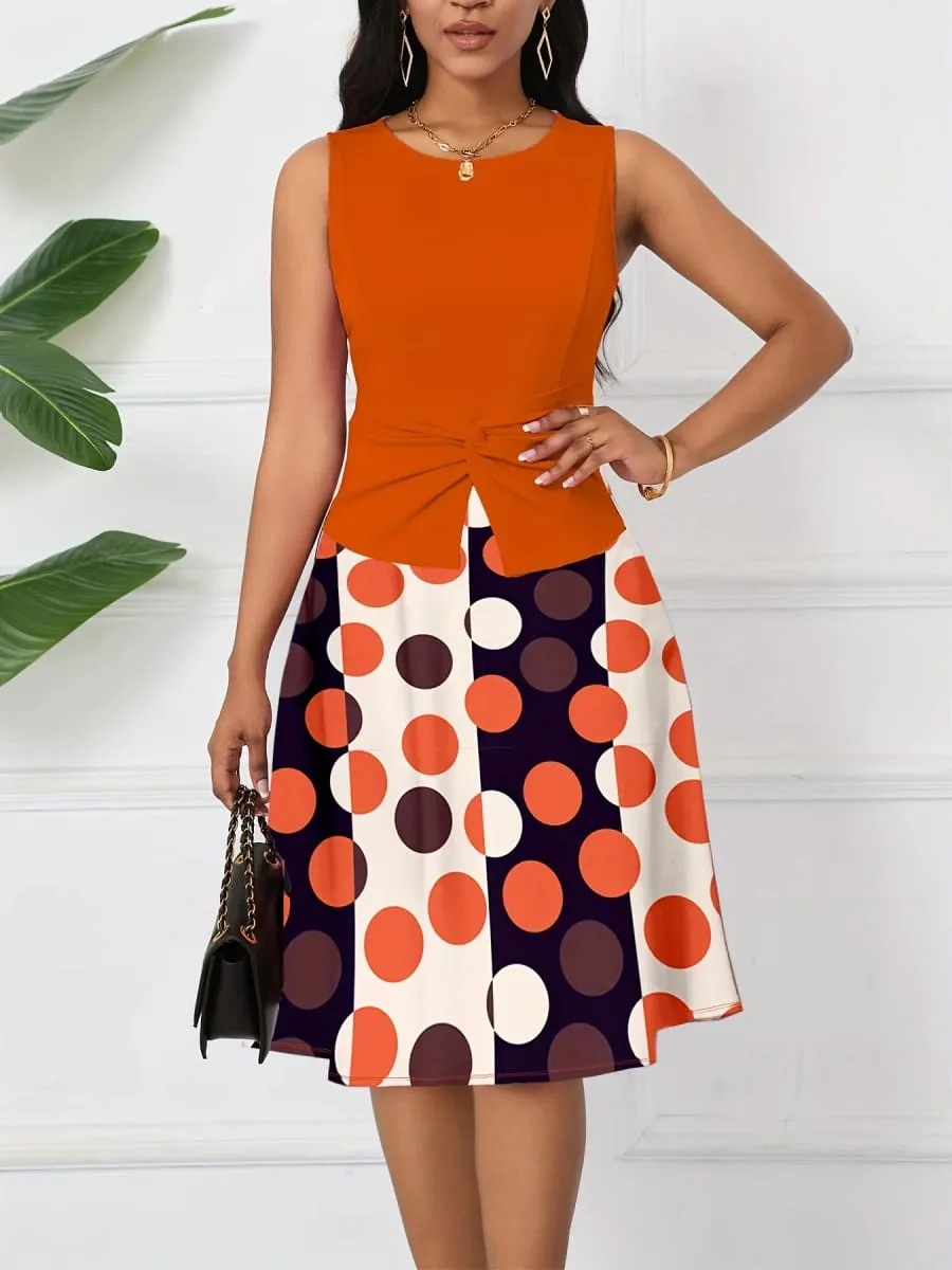 Womens Summer Twist Crew Neck Sleeveless Peplum Polka Dot Patchwork Casual Elegant Fit And Flare Party ALine Swing Dress