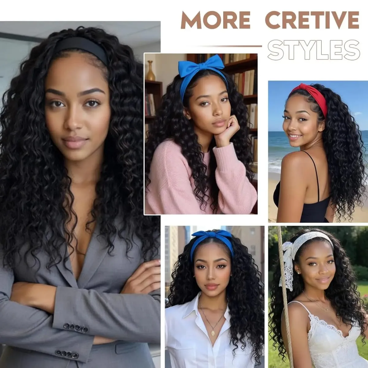 26 Inch Natural Black Deep Wave Headband Wig Easy to Wear Heat Resistant Synthetic Hair Natural Looking Soft Thick for Women