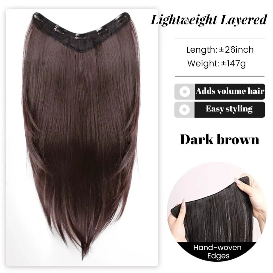 26Inch Synthetic Long Straight Layered V-Shaped Clip-in Hair Extension 4 Clip Heat Resistant Hairpiece for Women Daily Party