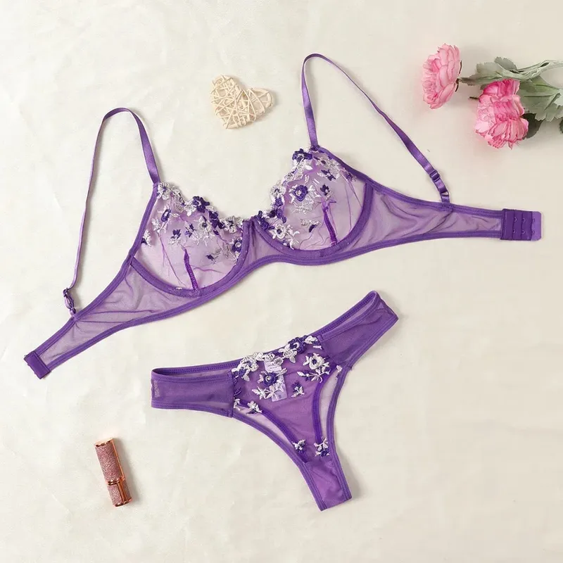 Purple Fancy Lingerie Set Women Embroidered Flower Bra and Panty Underwear Female Outfits