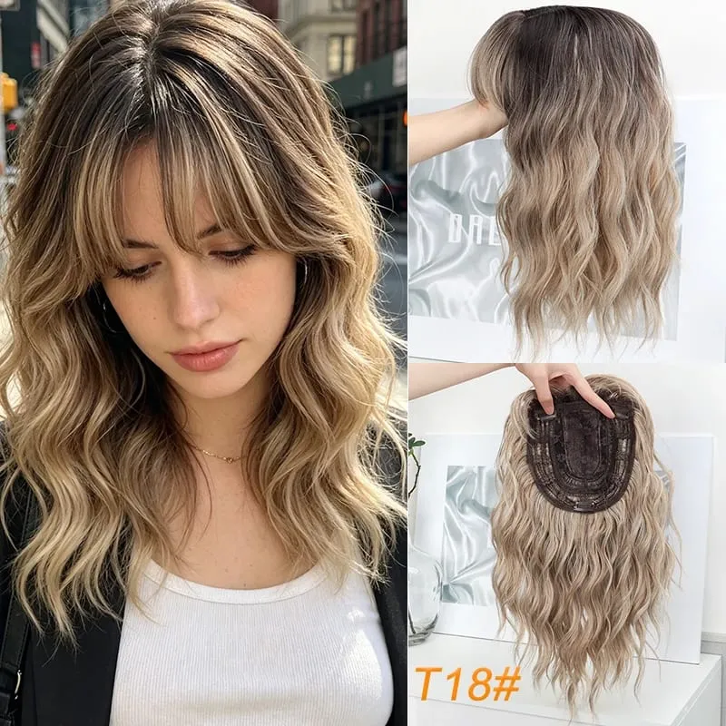 14Inch Synthetic Short Wave Curly Topper Hair Extension Invisible Coverage & Built-in Bangs for Women Daily Use Easy to Wear