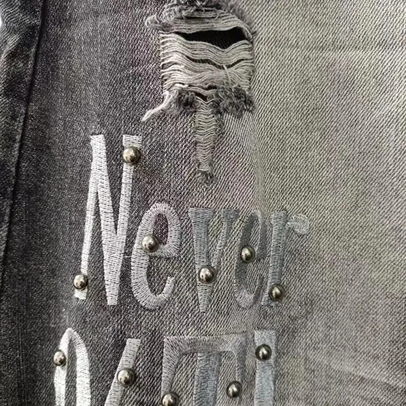 High Street Y2k Ripped Jeans With Embroidered Letters And Beaded Decorations Wide With Pleated Prints Loose Straight Leg Pants