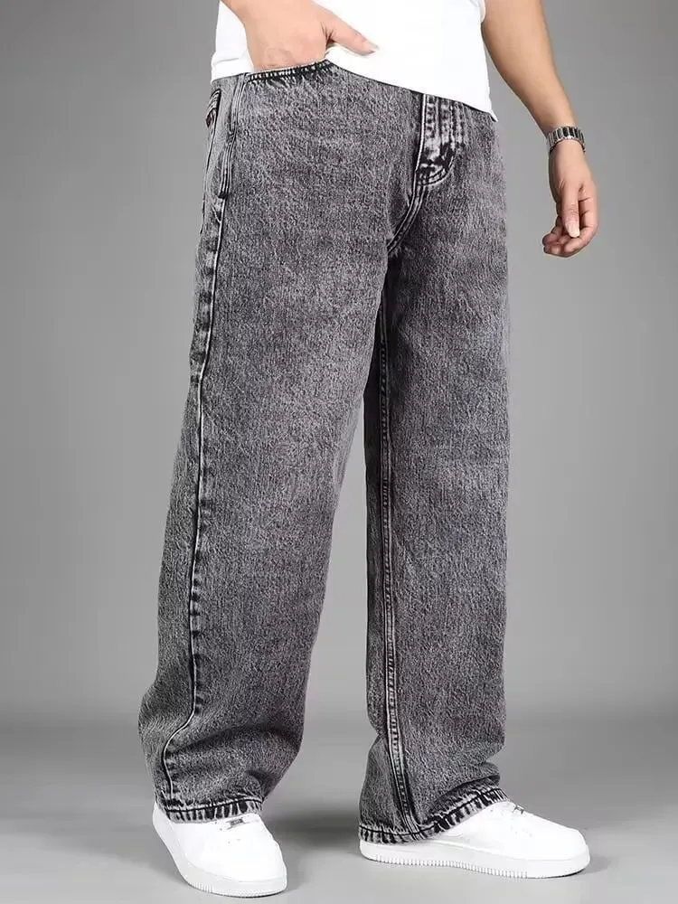 Men Vintage Acid Wash Wide Leg Jeans Loose Baggy Straight Denim Pants Retro Gray Washed Casual Streetwear Long Trousers