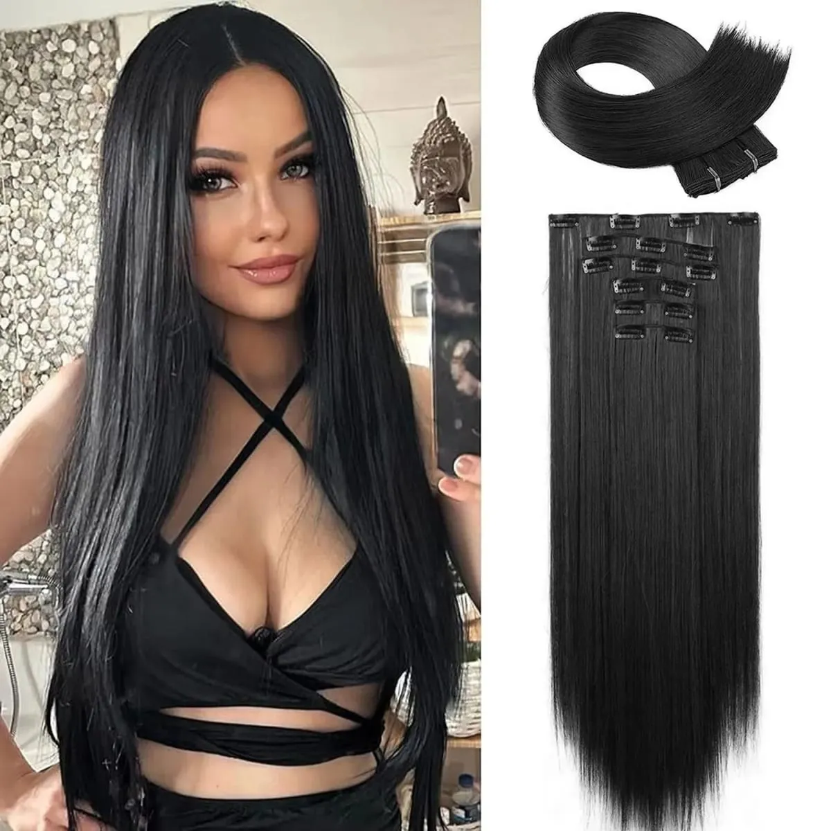 6Pcs Clip in Hair Extensions 24" Long Straight Heat Resistant Synthetic Clips on Hair Piece for Women Daily Wear
