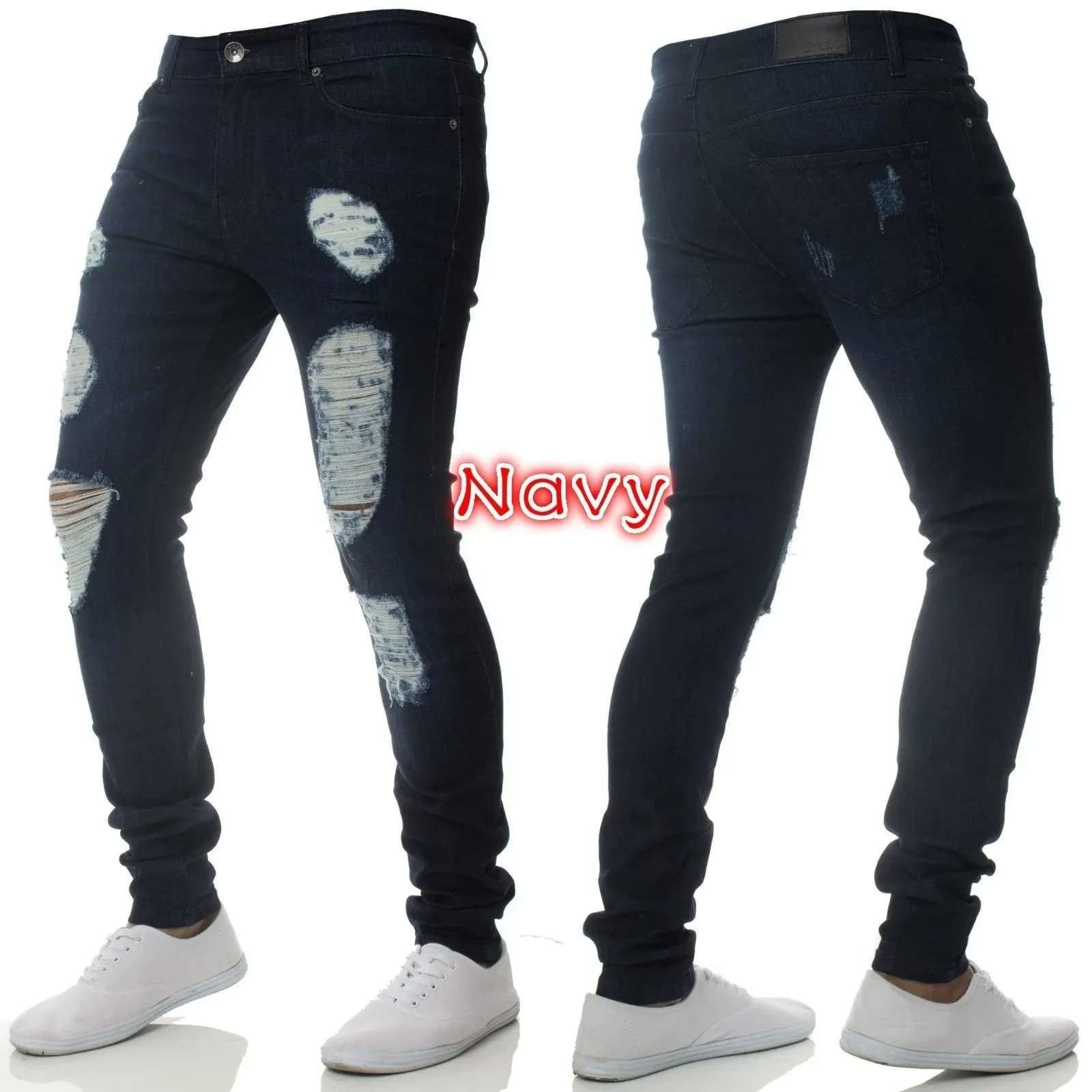 Men High Waist Black Ripped Skinny Jeans Fashion Hole Design Trendy Casual Denim Long Trousers