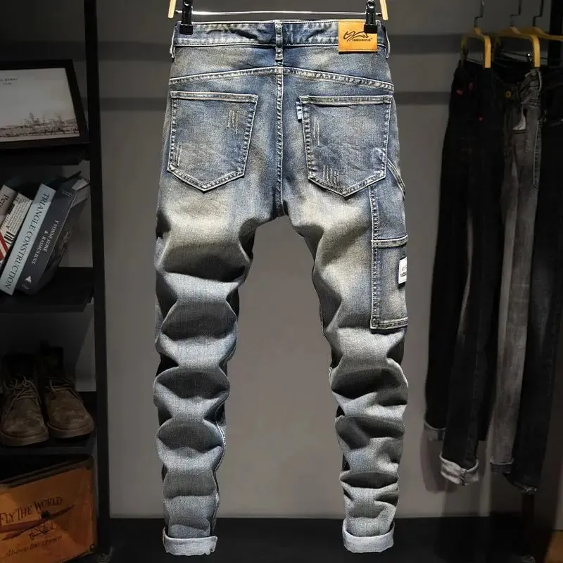Spring and Autumn Elastic Nostalgic Large Size Ripped Jeans Men's Loose Fat Plus Trendy Brand Fat Guy Pants Washed Long Pants