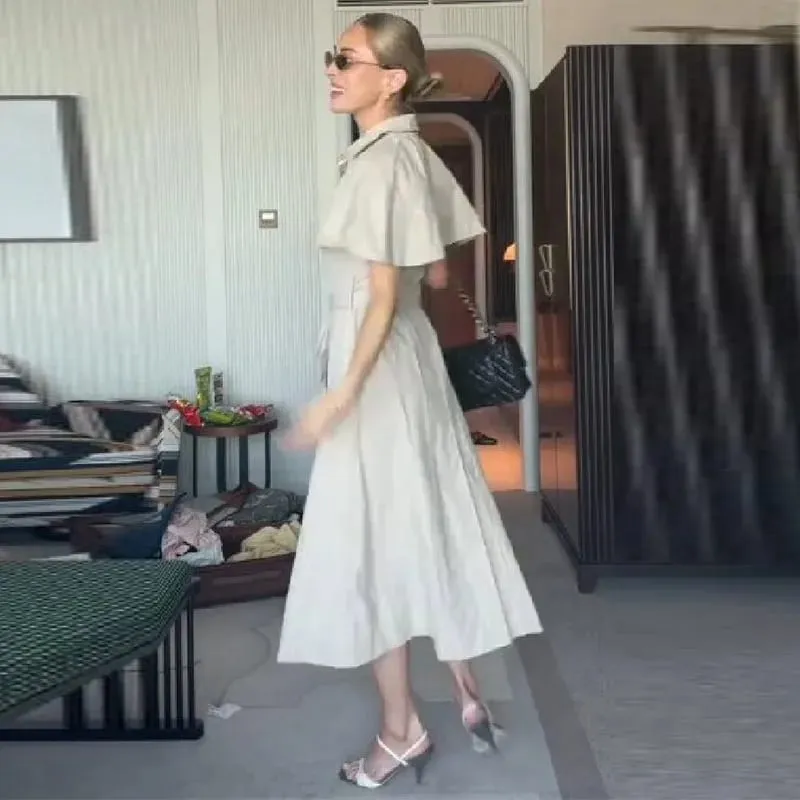 Elegant Minimalist Cape Sleeve Dress Women Chic Waist Belt Split Front Business Casual Dresses Daily Office Summer Outfit 2026 — image 7