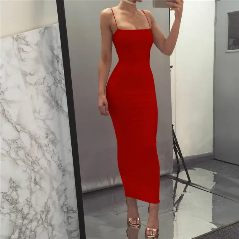 Women Sexy Bodycon Maxi Dress Spaghetti Strap Long Slip Dress Club Party Evening Wear Summer Fashion Dress