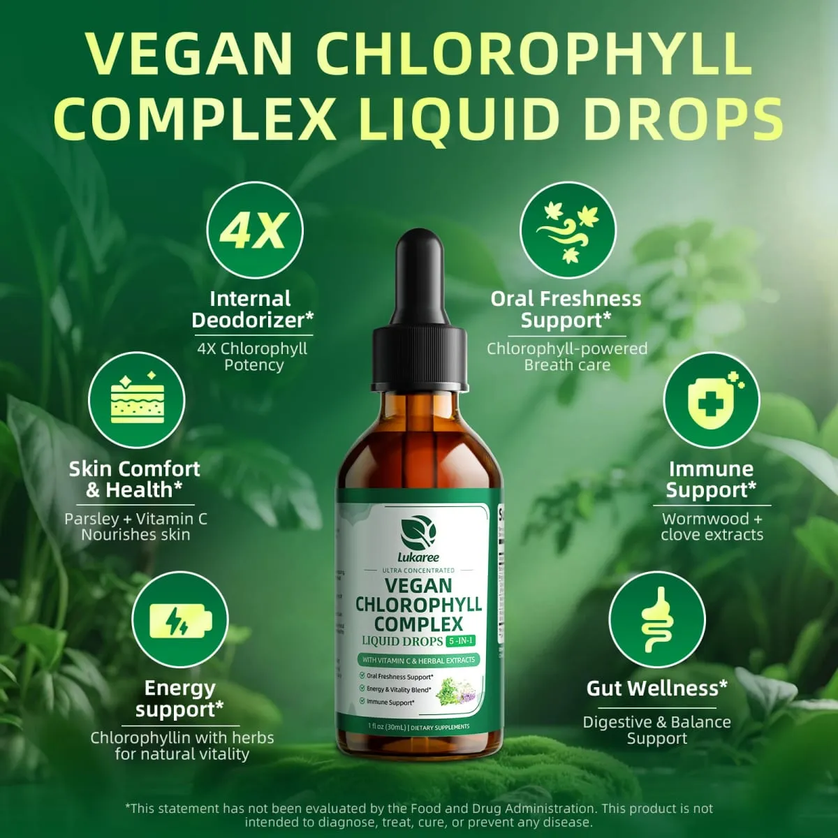 Lukaree Gotas líquidas de clorofila de 30 ml que favorecen la limpieza natural y el desodorante interno inmunológico Salud de la piel y el intestino Vegano sin azúcar