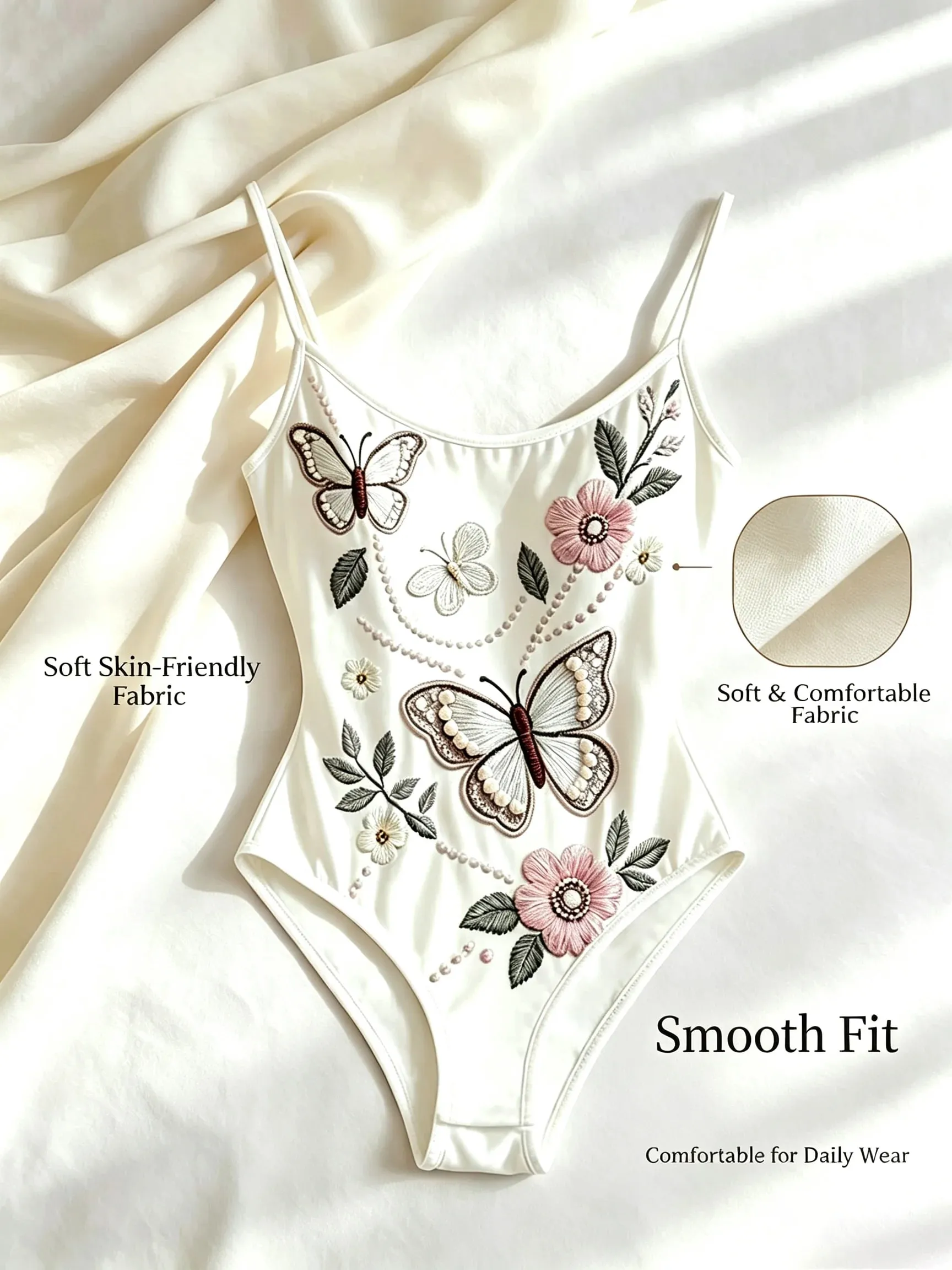 Elegant Butterfly Floral Embroidery Bodysuit Women Spaghetti Strap Slim High‑Cut One‑Piece Bodycon Jumpsuit