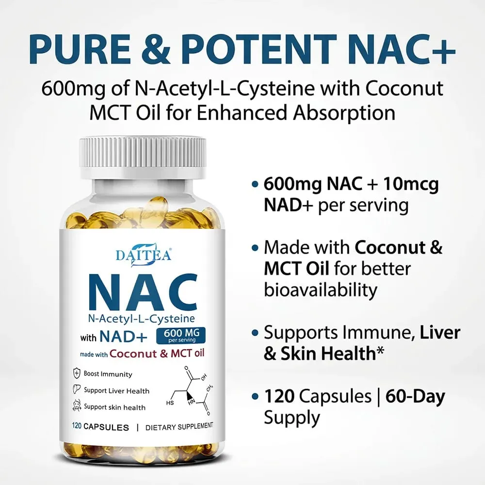 N-Acetyl Cysteine NAC Supplement with NAD+ Antioxidant Support Support Liver Health Skin Health Gluten Free 120 Capsules