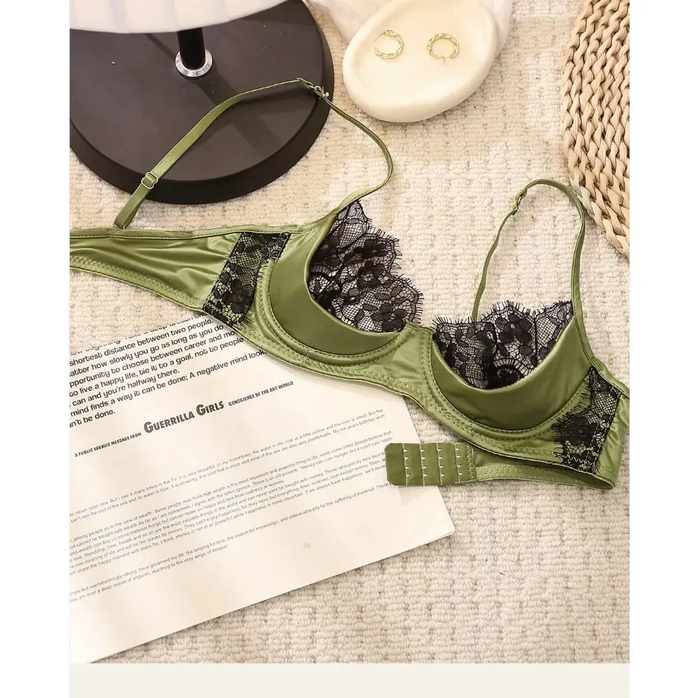 Half Cup Lingerie Set Women Green French Lace Ultra Thin Sheer Soft Comfortable Underwire Bra Small Bust 32‑38AB Set