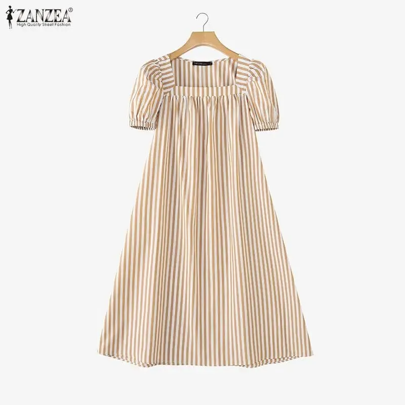 Women Summer Sundress Stylish Striped Dress 2026 Square Neck Short Sleeve Midi Robe Elegant Casual Holiday Beach Dresses