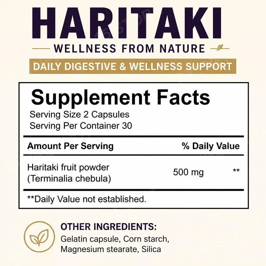 Haritaki Fruit Powder Capsules Supports Digestive Balance and Gut Health Mental Focus Single Ingredient 30 Servings 60 Capsules