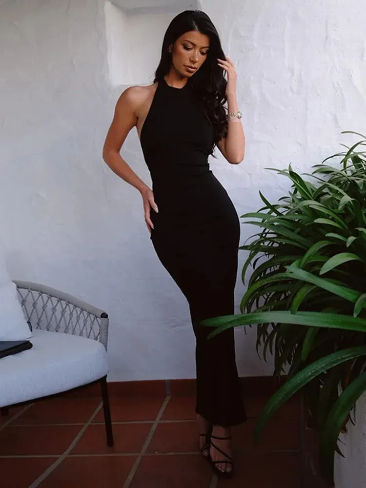 Sexy rückenfreies Neckholder-elegantes Bandage-Maxikleid, Outfits für Damen, ärmellos, Sommer, Club-Party, schwarzes Kleid