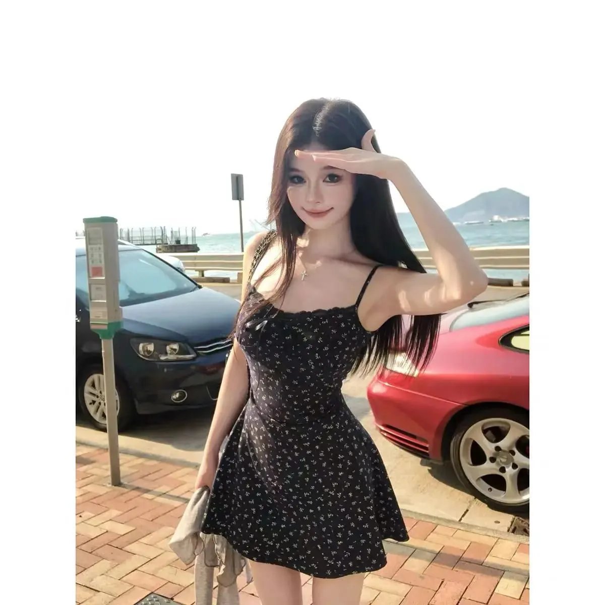 Blue Floral Print Halter Dress Women's Early Spring 2026 New Small Size Elegant Short Skirt Wrap around Skirt Three Quarter S...