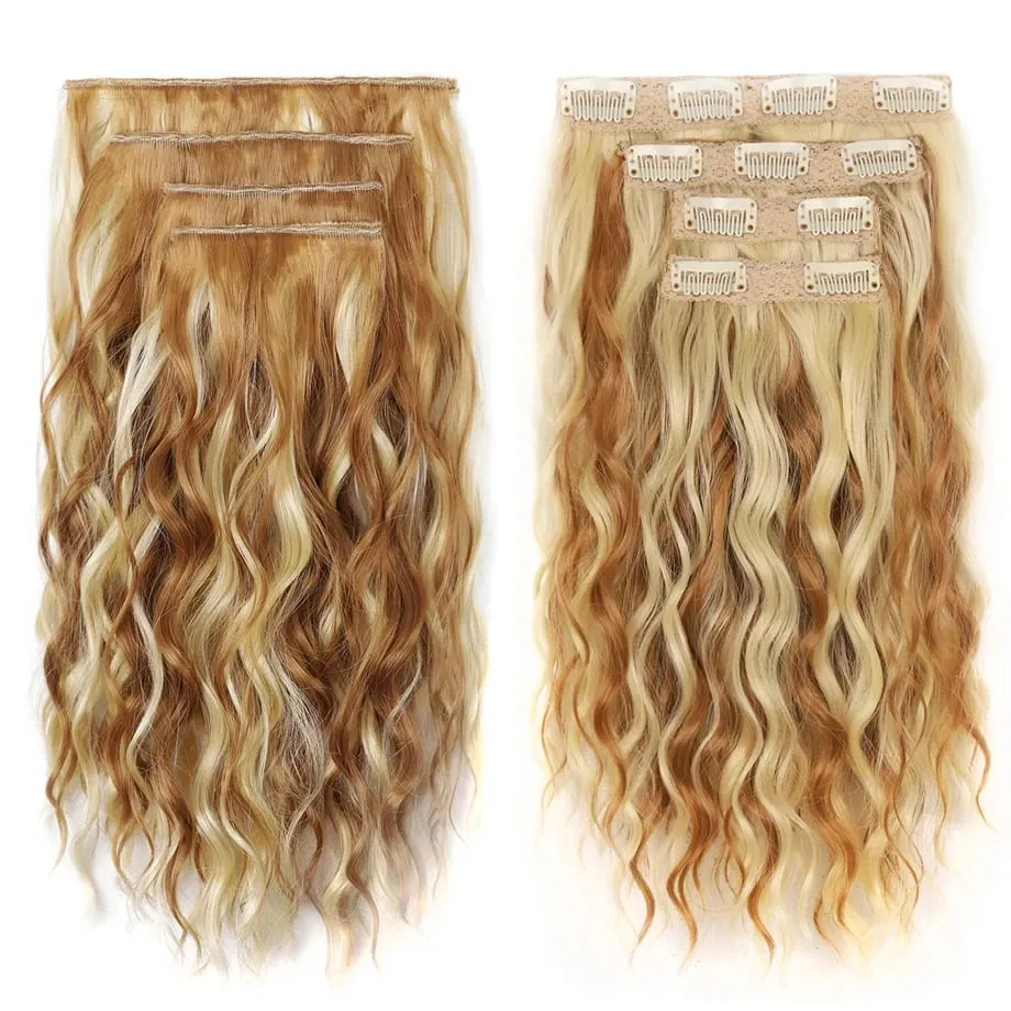4Pcs Curly Clip in Hair Extension Synthetic Hair Mixed Color Silky Soft Natural Look Invisible Lace Weft Hairpieces for Women