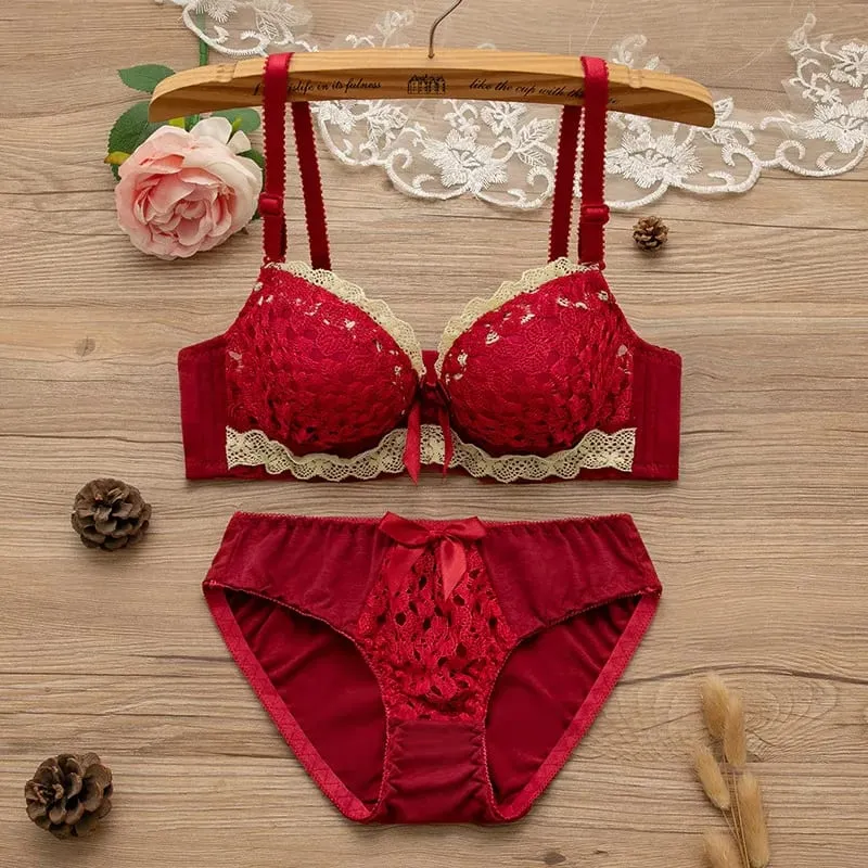 Women Underwire Sexy Lace Bra&Panty Shape‑Adjustable Push‑Up Bra For Small Bust Young Girls Anti‑Sagging Support Lingerie Set