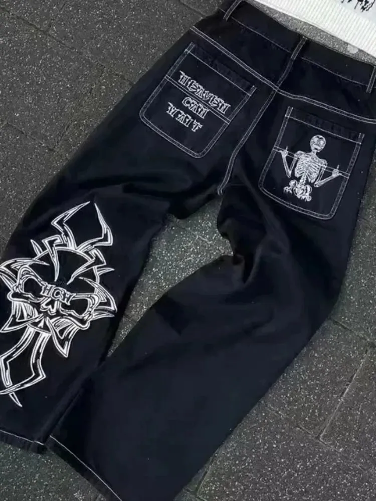 Mens Jeans Harajuku Vintage Gothic Punk Dark Grey Cargo Denim Pants Metal Buckles Chains Multi Pocket Adjustable Strap Y2K New