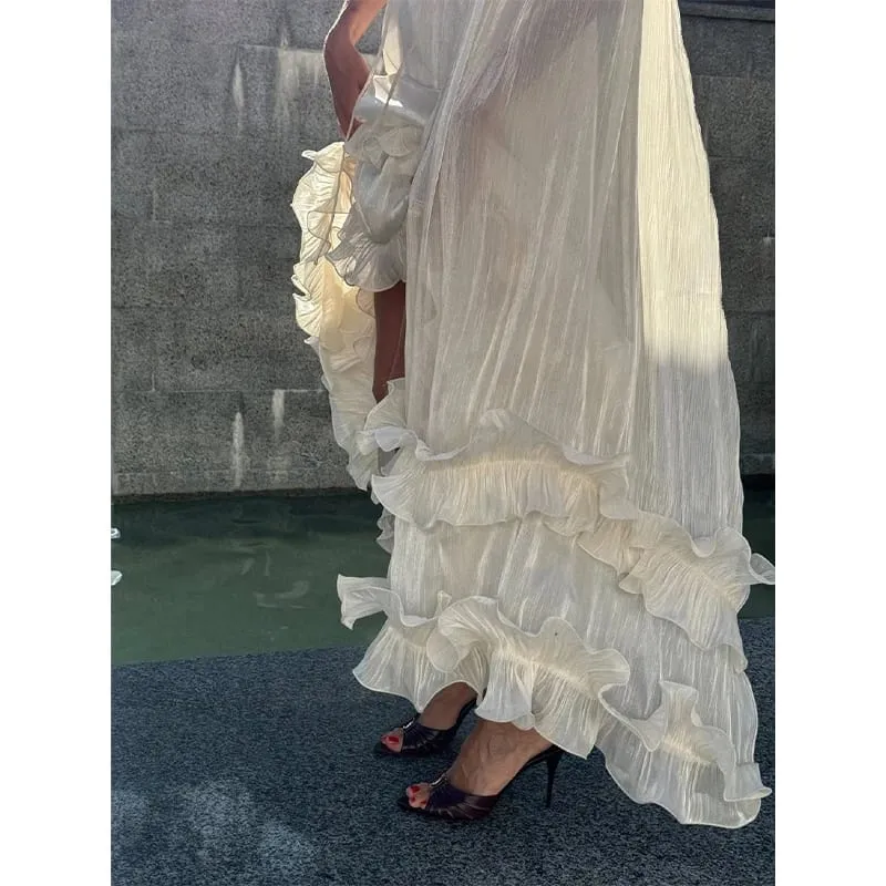 Women Solid Ruffle Maxi Dress Fashion Lapel High Waist V-neck Sleeveless Pleated Chic Dresses 2026 Summer Lady Evening Robes