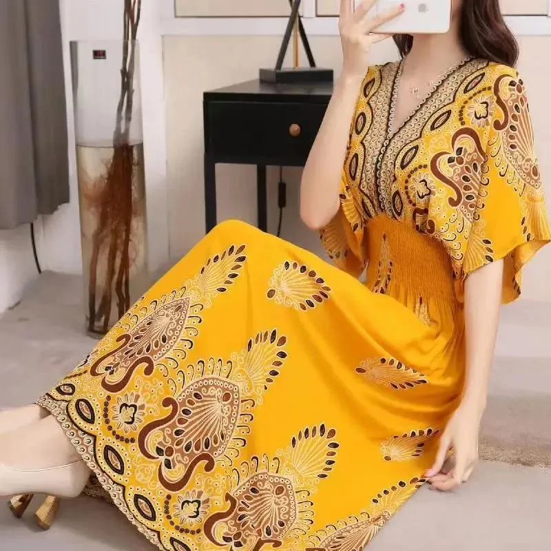 Na co dzień elegancki retro czeski styl narodowy dekolt w serek w pasie duża huśtawka z nadrukiem letnia długa spódnica kobieca sukienka ubrania