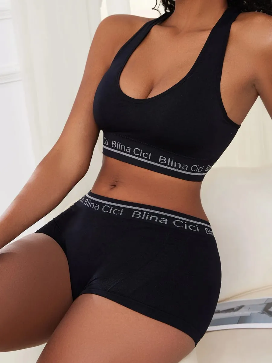 Women's Letter Print 2 Piece Scoop Neck Bra and Mid Rise Boyshort Lingerie Set