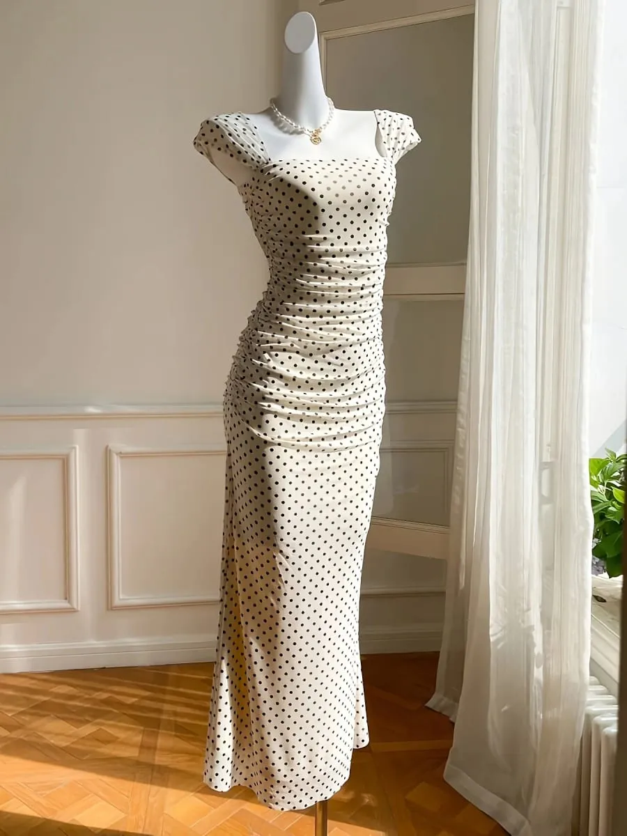 Elegant Lady Polka Dot Print Knitted Long Dress with Square Collar Tight Mermaid Skirt And Split Design for Women