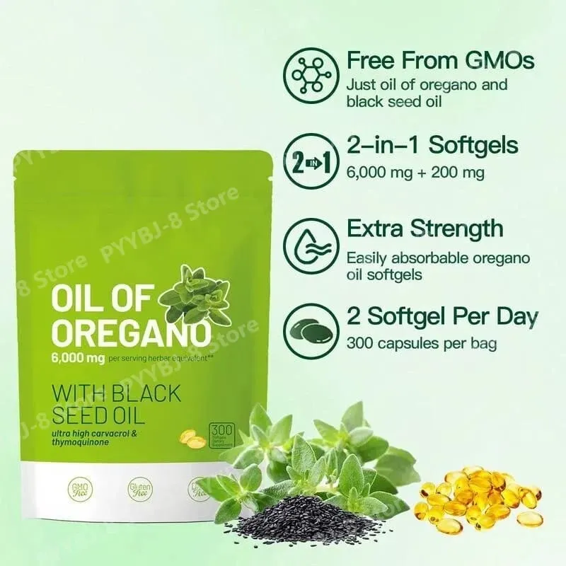 2 in 1 Oil of Oregano Softgels 6000mg with 200mg Black Seed Oil Promote Intestinal Health & Improve Antioxidant Activity 300pcs