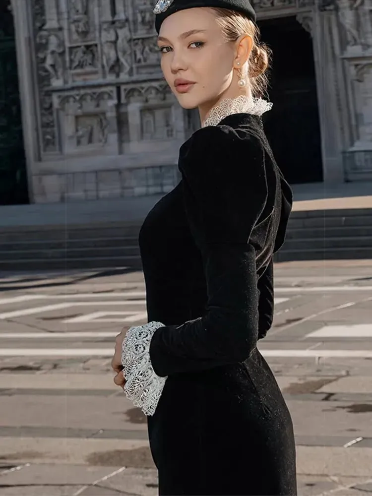 Full Sleeve Lace Patchwork Velvet Maxi Dress Women Elegant Stand Collar Puffed Slim Long Sexy Gowns Lady Evening Dinner Dresses