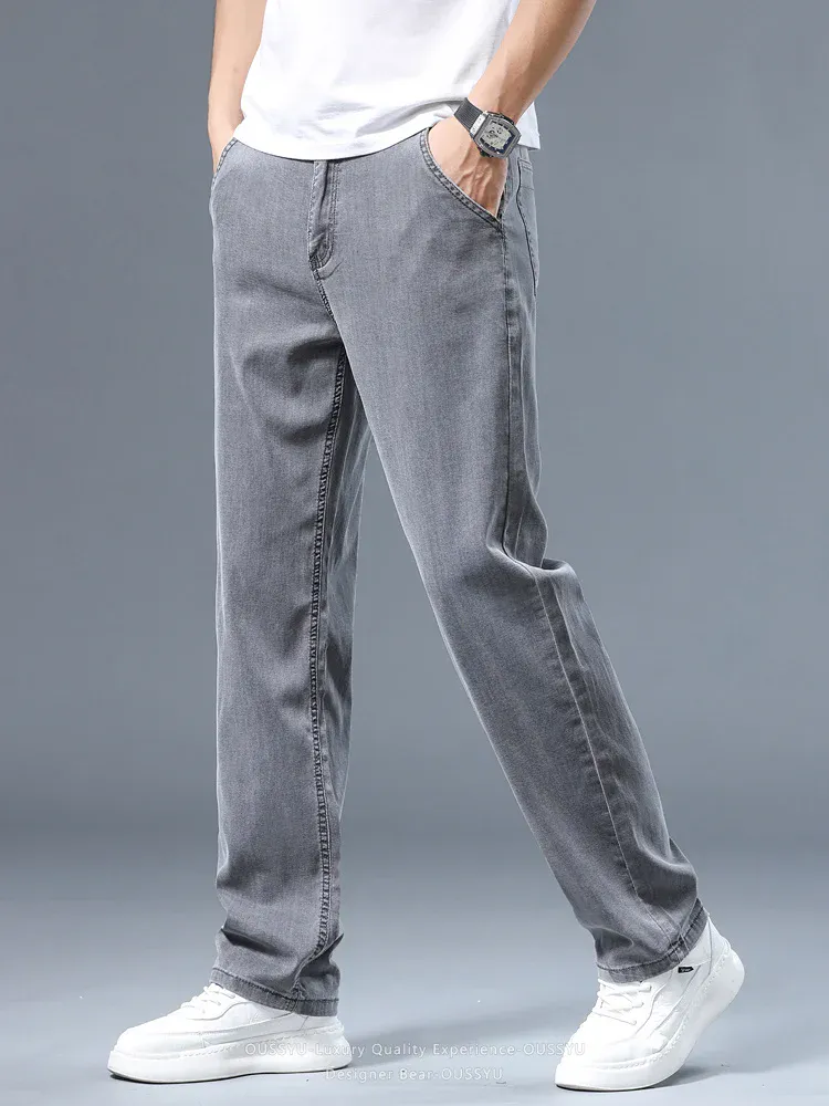 Summer Thin Men's Loose Straight Jeans Lyocell Soft Drape Business Casual Trousers Smoke Gray Ice Silk Pants Plus Size 40 42