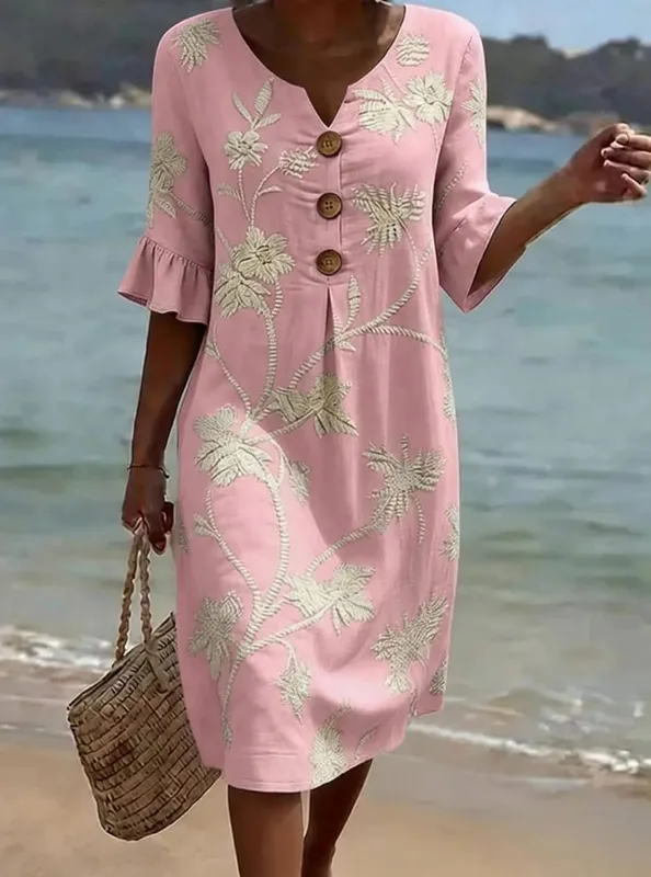 Summer Woman Dress V Neck Button Front Dresses Loose Fit Casual Dress Ruffle Sleeve Floral Dress Vine Pattern Women's Embroidery
