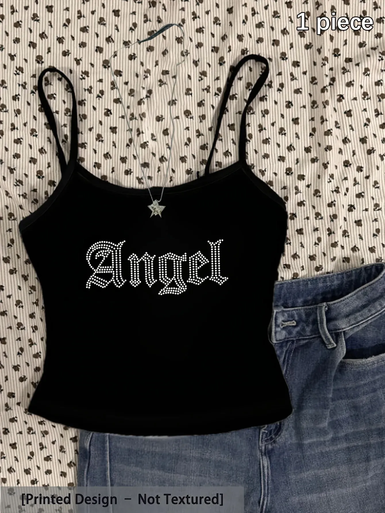 Y2K Angel Faux Rhinestone Gothic Font Graphic Cami Top Women Sleeveless Slim‑Fit Black Crop Spaghetti Strap Tank Vest