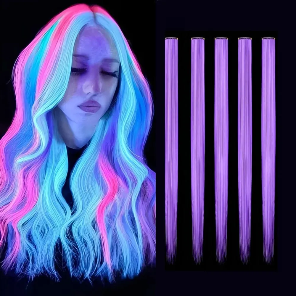 Glow in the Dark Hair Extensions Luminous Colored Hairpieces Colorful Hair Clips Synthetic Neon Fake Hair Clips Hair Accessories