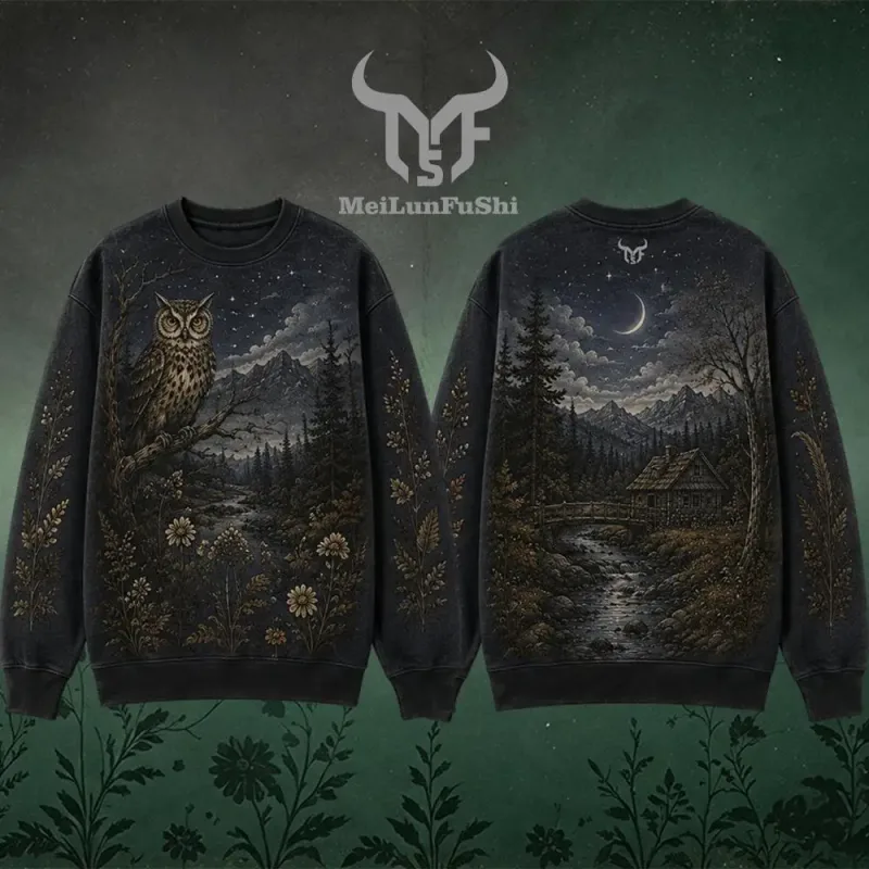Wilderness Wildlife Print Crew Neck Sweatshirt Men Outdoor Vintage All Over Print Pullover Unisex Casual Street Long-sleeved Top