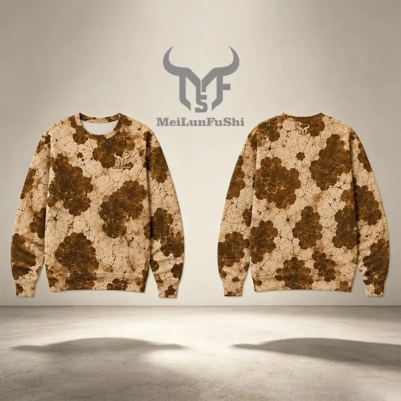 Vintage Western-inspired Fossil-print Cow Pattern Sweatshirt Men's All Over Print Crew Neck Pullover Unisex Casual Streetwear