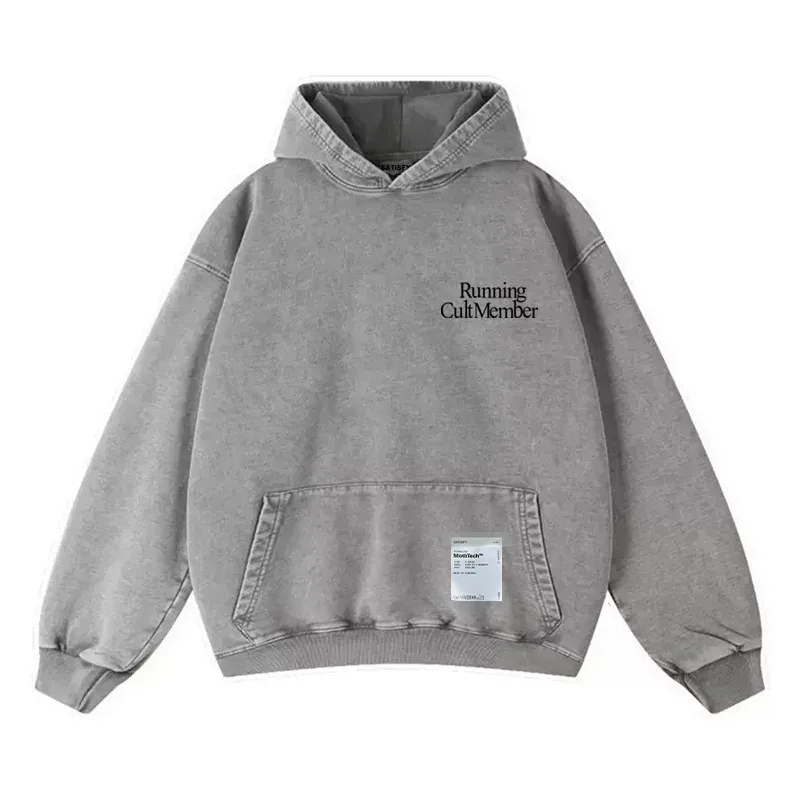 Elf-Adhesive SATISFY Flocking Print Hoodie Sweatshirt Jacket Street Style Loose Fit Long Sleeve for Young Men And Women