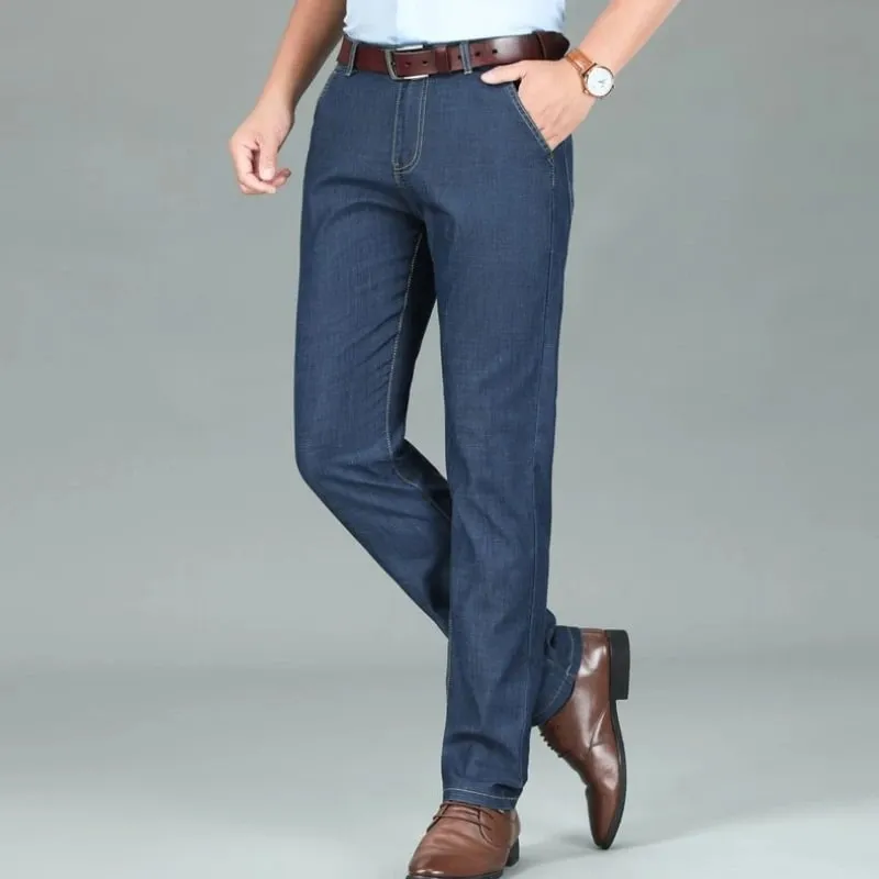 2026 New Seasons Lightweight Fit Straight Men's Jeans Classic Business Clothes Thin Cotton Elastic High Waist Casual