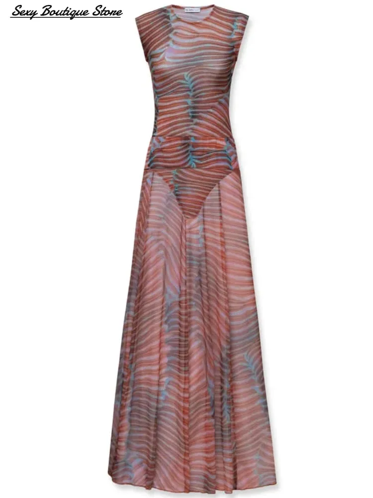 Gợi Cảm Boutique Xem Qua Đầm Maxi Bộ 2 Miếng In Hình Slim Fit Top Jumpsuit Một Đường Dài Váy 2025 Nữ Top váy Trang Phục