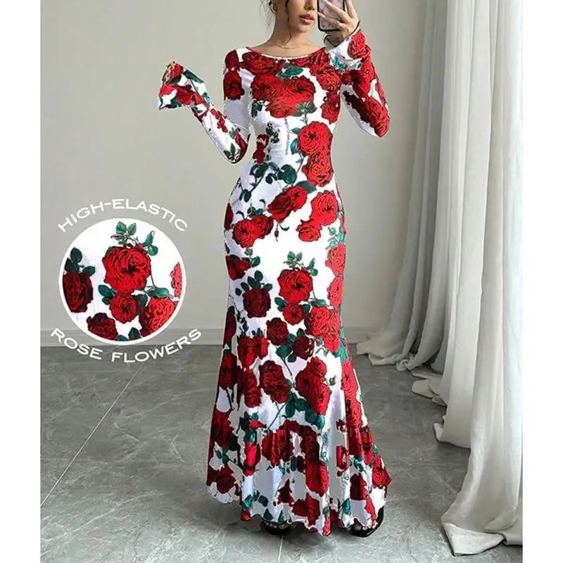 Elegant Rose Printed Maxi Dress O Neck Long Sleeves Bodycon Fishtail Dress Figure Slim Rose Floral Pattern Adds Charm Long Dress
