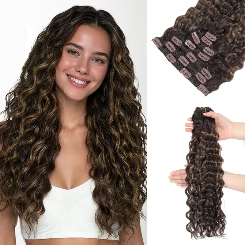 12A Curly Clip in Hair Extensions Brown Water Wave Real Remy Human Hair Clip in Extensions for Women Curly Clip Ins 7pcs 120g