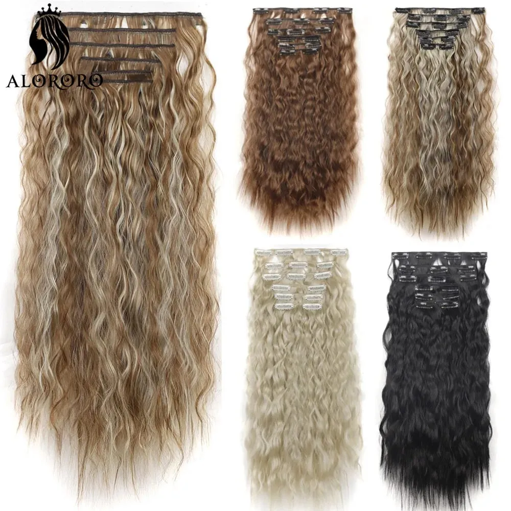 Alororo Synthetic Long Kinky Curly Clip In Hair Extension Full Head Afro Fake Hair Pieces Clip-on Blacke Brown Hair For Women