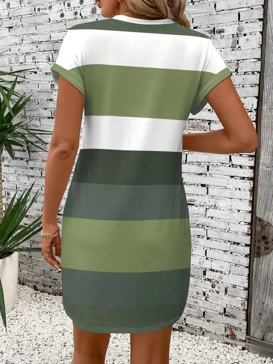 Vestido feminino listrado plus size casual solto manga curta vestido de verão com bolsos