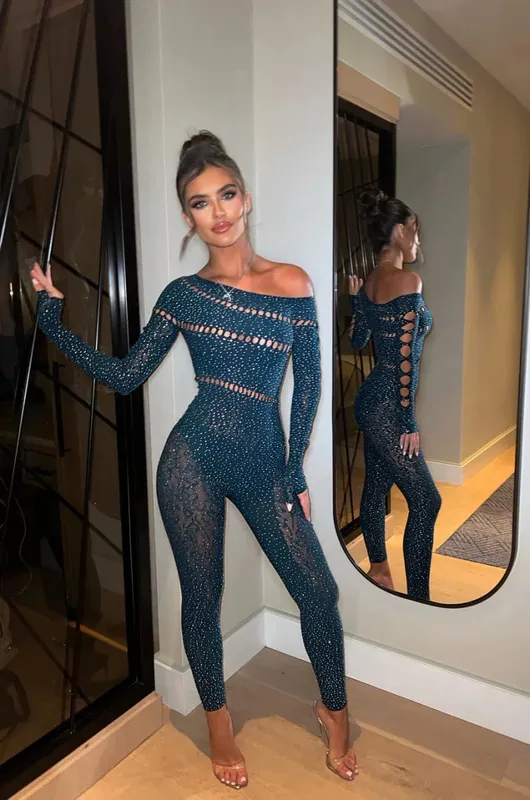 2026 Lace Embroidery Bra Set Women Sexy Mesh Rhinestone Jumpsuit Long Sleeve See Through Sexy Bustier Lingerie for Women